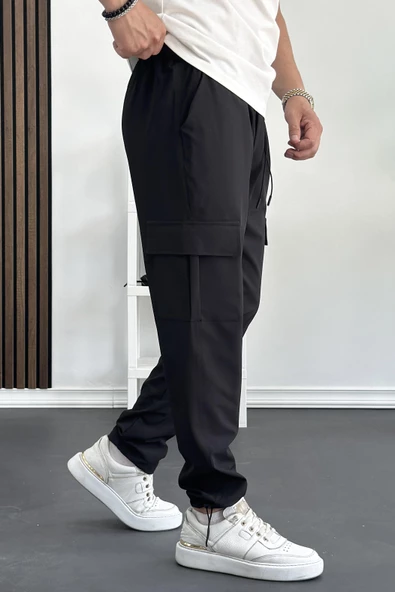 Erkek Stoperli Rahat Kesim Kargo Pantolon Pantolon Siyah Edw144 - 2