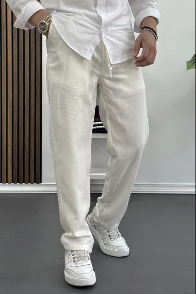 Erkek Rahat Kesim Keten Pantolon Krem Edw138