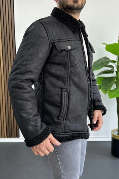 Erkek İçi Kürklü Suni Pul Deri Mont Siyah Edw120 - 3