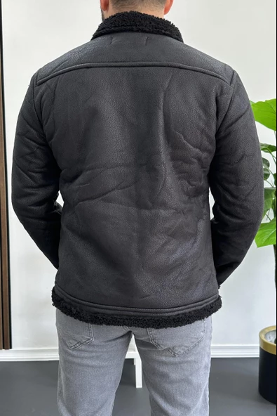 Erkek İçi Kürklü Suni Pul Deri Mont Siyah Edw120 - 4