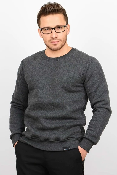 Üç Iplik Şardonlu Pamuklu Bisiklet Yaka Sweatshirt Antrasit CZN01