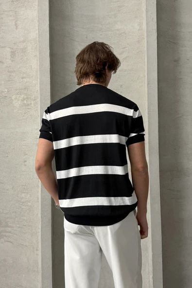 Erkek Oversize Bisiklet Yaka Çizgili Triko T-Shirt - 8