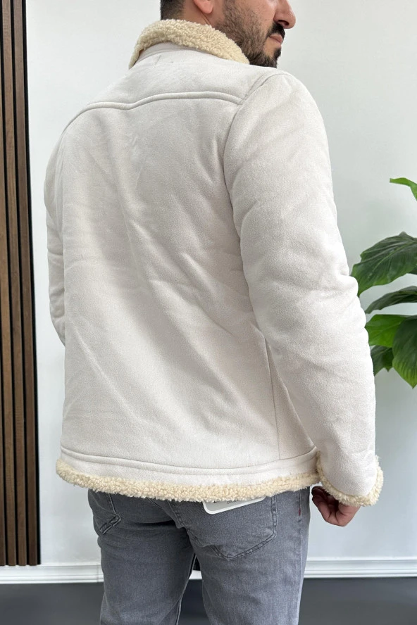 Erkek İçi Kürklü Suni Pul Deri Mont Beyaz Edw120 - 4
