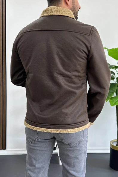 Erkek İçi Kürklü Suni Pul Deri Mont Kahverengi Edw120 - 6
