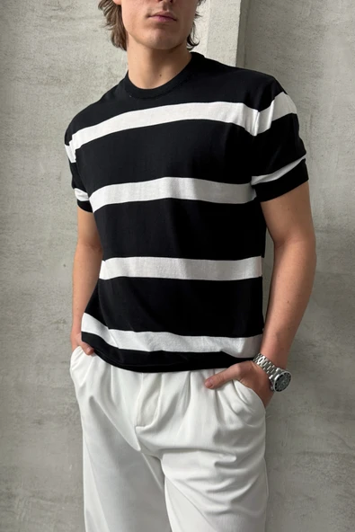 Erkek Oversize Bisiklet Yaka Çizgili Triko T-Shirt - 6