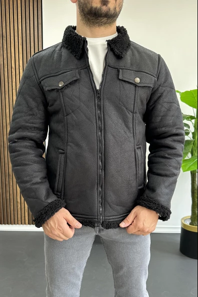 Erkek İçi Kürklü Suni Pul Deri Mont Siyah Edw120 - 2