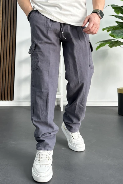 Erkek Baggy Kalıp Kargo Cepli Pantolon Füme Edw131 - 2