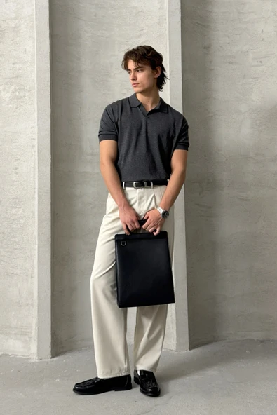 Erkek Oversize Pamuklu Polo Yaka Triko T-Shirt - 3