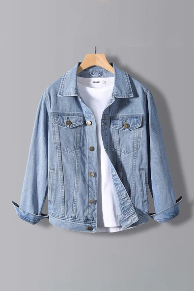 Erkek Slim Fit Sırt Baskılı Denim Kot Ceket Açık Mavi Edw126 - 2