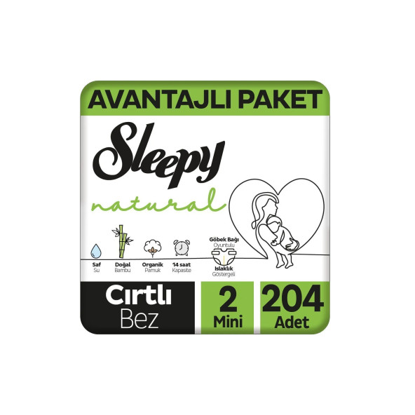 Sleepy Natural Avantajlı Paket Bebek Bezi 2 Numara Mini 204 Adet