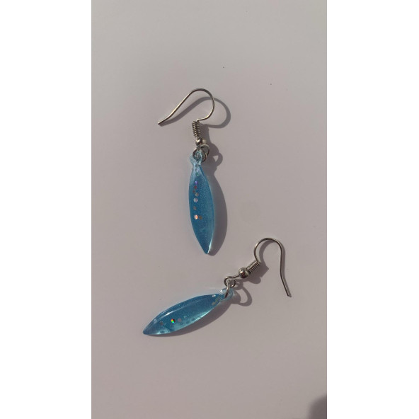 Mavi Renkli Simli Sedefli Parlak Gümüş Aksesuar Küçük Simetrik Şekil Sallantılı Epoksi Küpe - 2