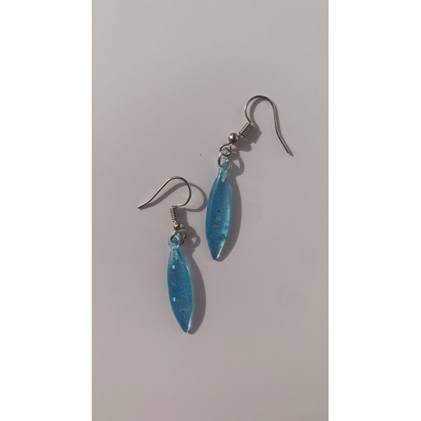 Mavi Renkli Simli Sedefli Parlak Gümüş Aksesuar Küçük Simetrik Şekil Sallantılı Epoksi Küpe - 7