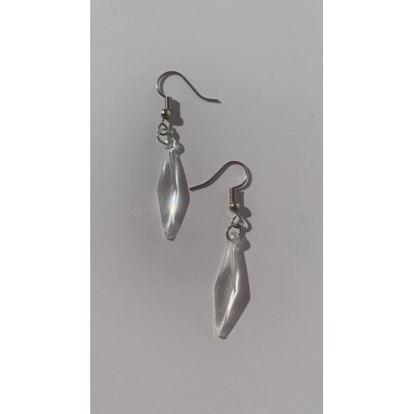 Şeffaf Beyaz Renkli Parlak Sedefli Gümüş Aksesuar Minik Karo Şekil Sallantılı Epoksi Küpe El Yapımı - 5