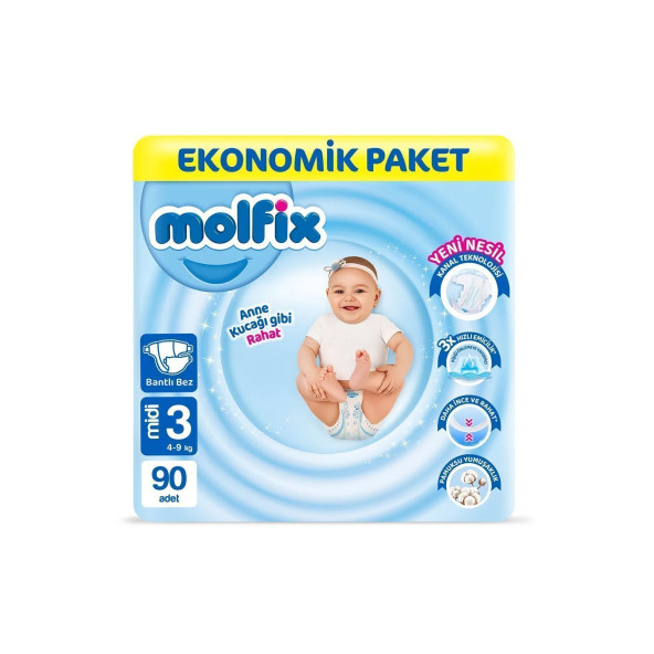 Molfix Bebek Bezi 3 Beden Midi Ekonomik Paket 90 Adet