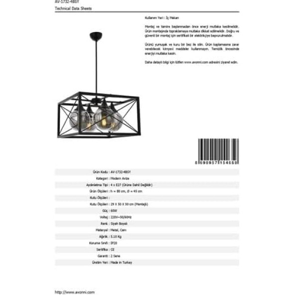 AVONNI AV-60127-4BSY Siyah Boyalı Modern Avize, E27, Metal, Cam, 45cm - 4