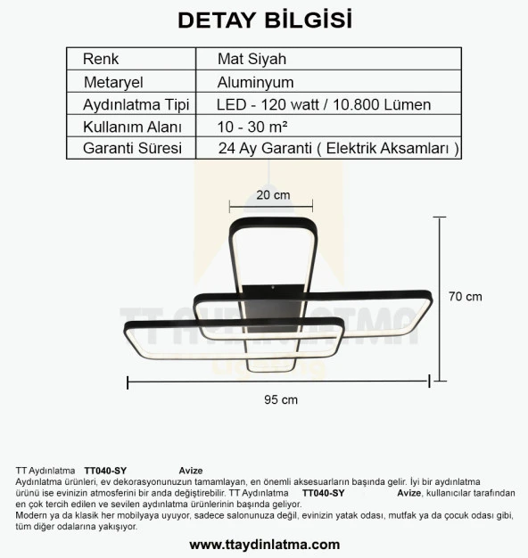 TT Aydınlatma TT040-SY  Mat Siyah Plofonyer Led Avize - Resim 4