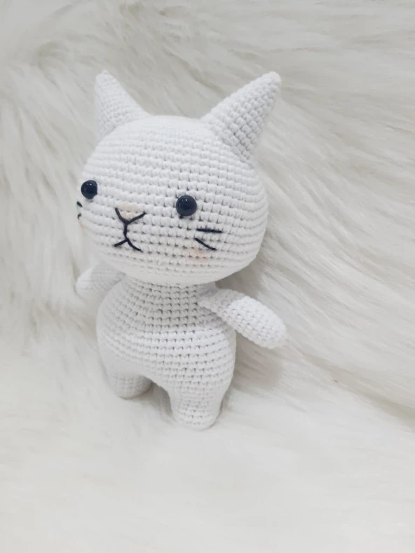 Beyaz Miniş Pisi Uyku Arkadaşı Amigurumi Organik Oyuncak - 3