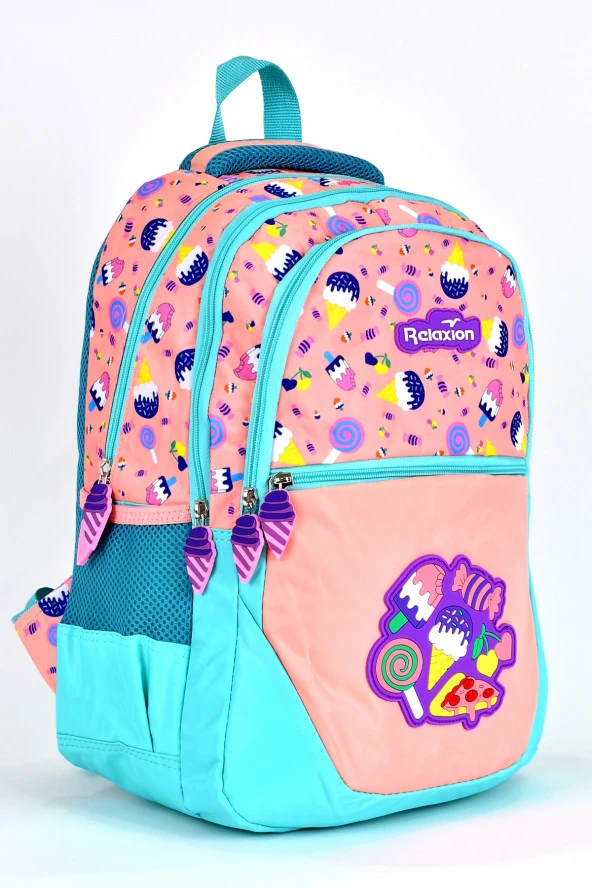 Elatae Ortopedik Çok Gözlü İlkokul Sırt Çantası ve Beslenme Çantası Seti Dondurma Desenli 1350 - 2