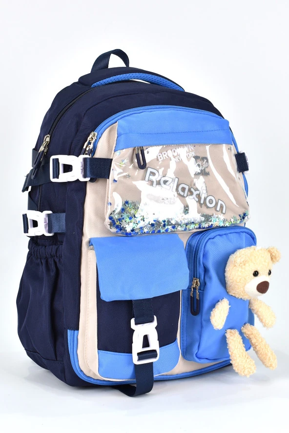 Elatae Ortopedik Lüks Kumaş Unisex Çok Gözlü Çocuk İlkokul Çantası Lacivert 1461 - Resim 2