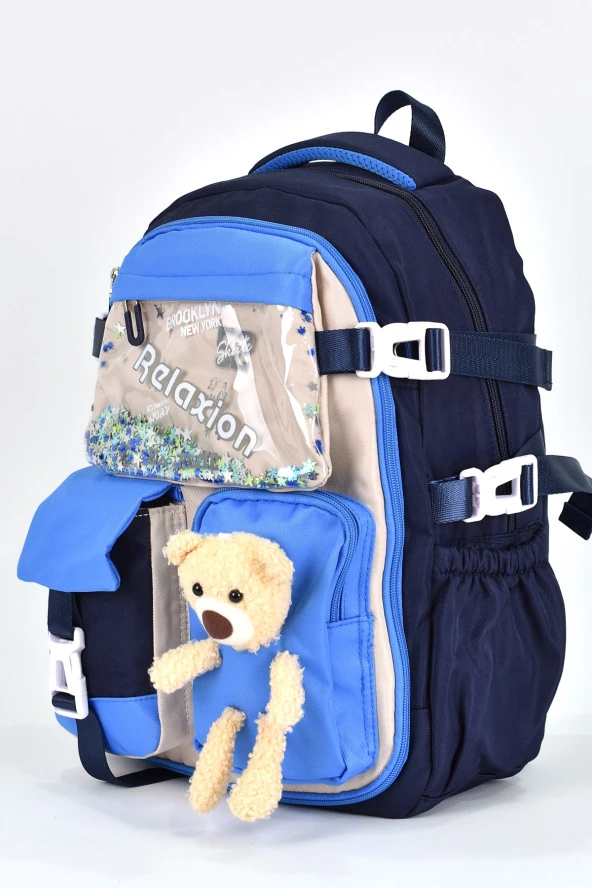 Elatae Ortopedik Lüks Kumaş Unisex Çok Gözlü Çocuk İlkokul Çantası Lacivert 1461 - Resim 4