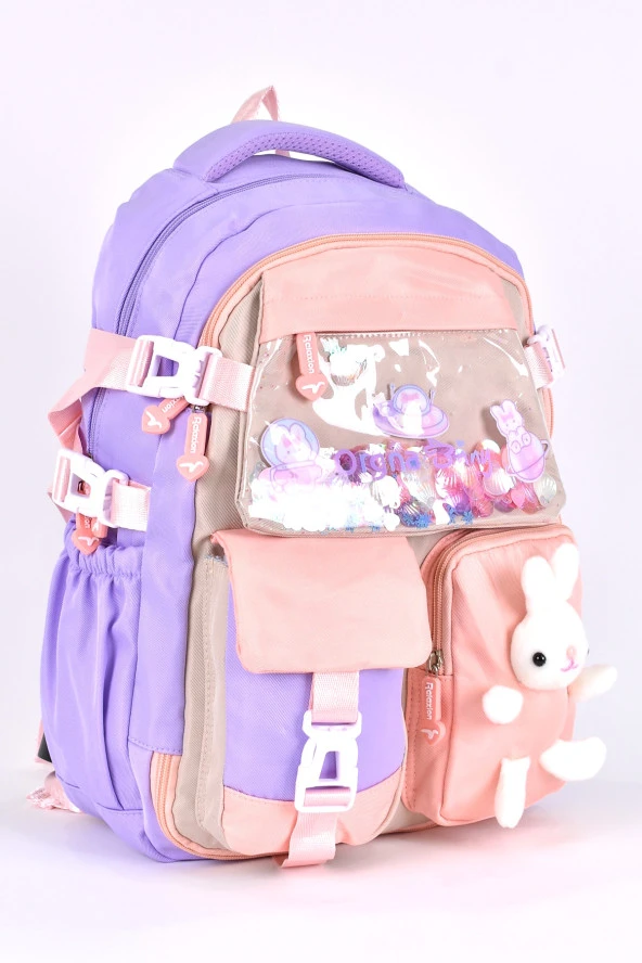 Elatae Ortopedik Lüks Kumaş Unisex Çok Gözlü Çocuk İlkokul Çantası Lila 1461 - Resim 2