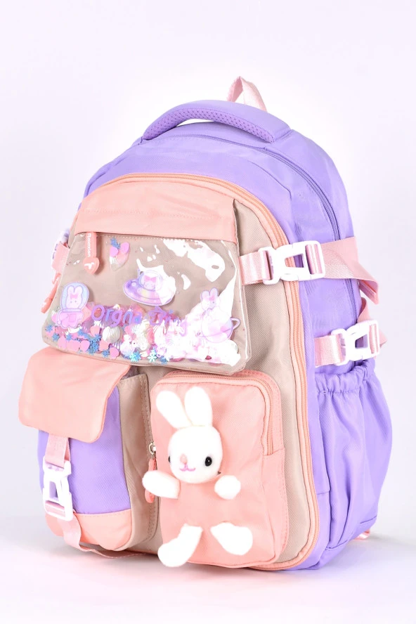 Elatae Ortopedik Lüks Kumaş Unisex Çok Gözlü Çocuk İlkokul Çantası Lila 1461 - Resim 4