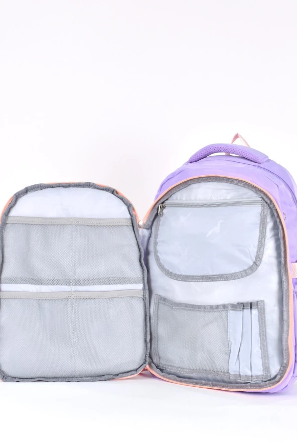 Elatae Ortopedik Lüks Kumaş Unisex Çok Gözlü Çocuk İlkokul Çantası Lila 1461 - Resim 6