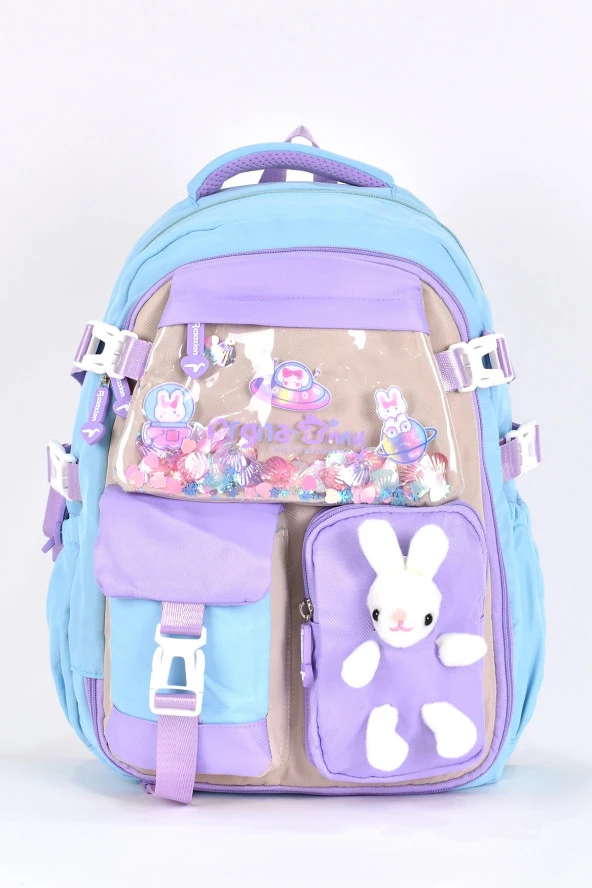 Elatae Ortopedik Lüks Kumaş Unisex Çok Gözlü Çocuk İlkokul Çantası Turkuaz 1461