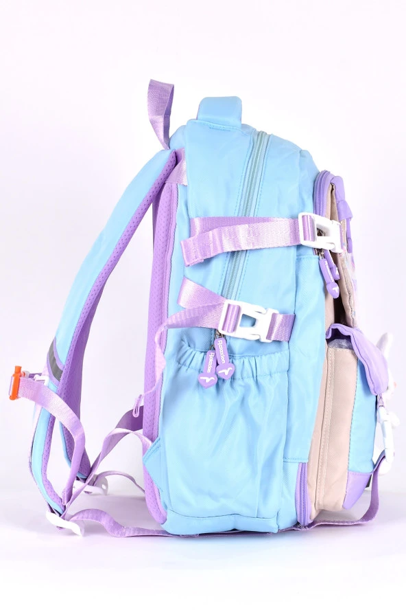 Elatae Ortopedik Lüks Kumaş Unisex Çok Gözlü Çocuk İlkokul Çantası Turkuaz 1461 - Resim 3