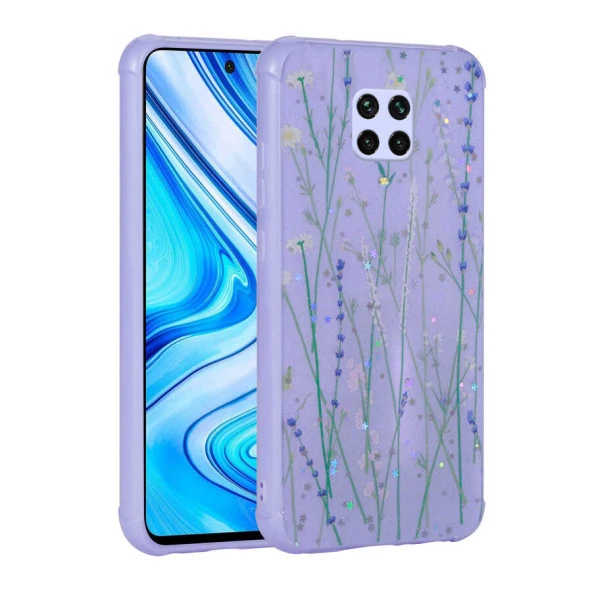 Xiaomi Redmi Note 9S Kılıf Simli Desenli Köşe Kamera Korumalı Darbe Emici Silikon Kapak (Popy)