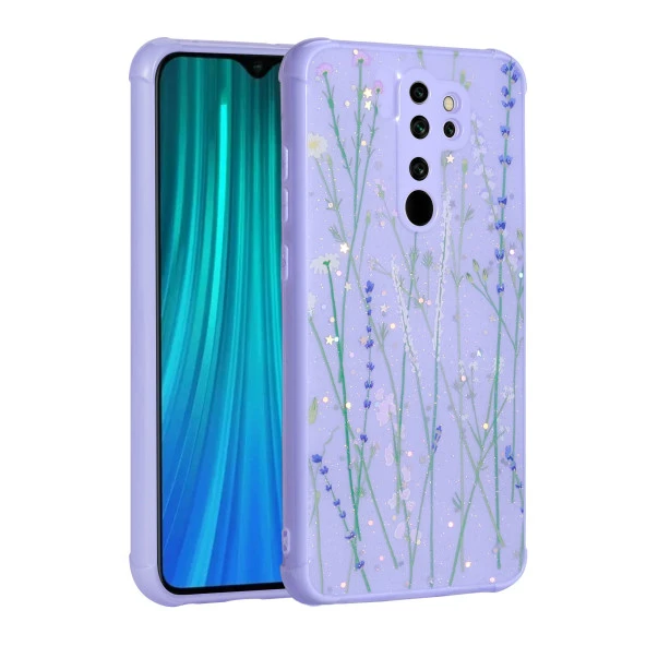 Xiaomi Redmi Note 8 Pro Kılıf Simli Desenli Köşe Kamera Korumalı Darbe Emici Silikon Kapak (Popy)