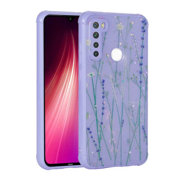 Xiaomi Redmi Note 8 Kılıf Simli Desenli Köşe Kamera Korumalı Darbe Emici Silikon Kapak (Popy)