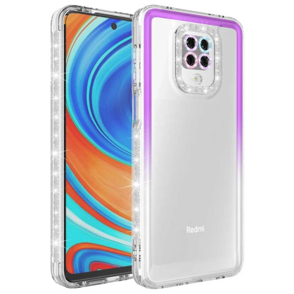 Xiaomi Redmi Note 9S Kılıf Simli Renkli Parlak Kamera Lens Korumalı Transparan Kapak (Park)