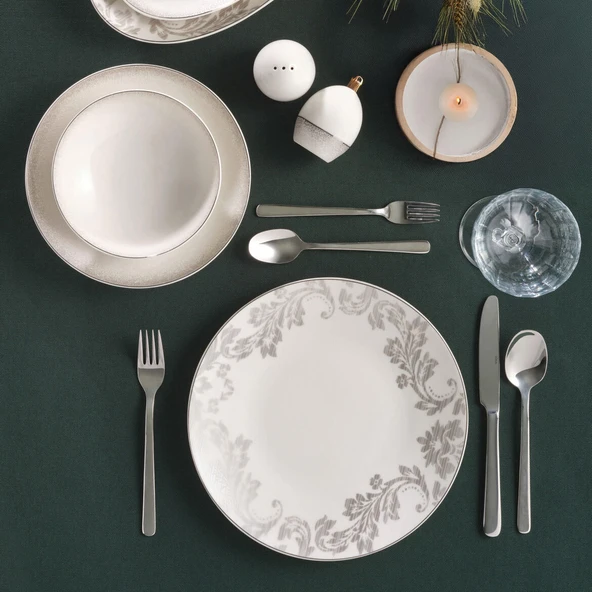 GÜRAL PORSELEN Camelia 54 Parça 12 Kişilik  Yemek Takımı Gümüş 65851 - Resim 3