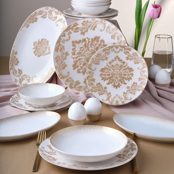GÜRAL PORSELEN Camelia 54 Parça 12 Kişilik Yemek Takımı Gold 6585 ürün görseli 1