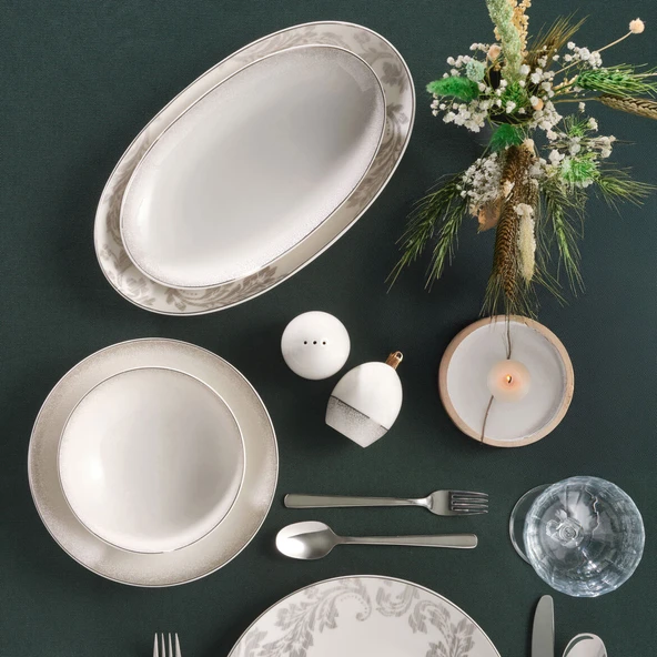 GÜRAL PORSELEN Camelia 54 Parça 12 Kişilik  Yemek Takımı Gümüş 65851 - Resim 4