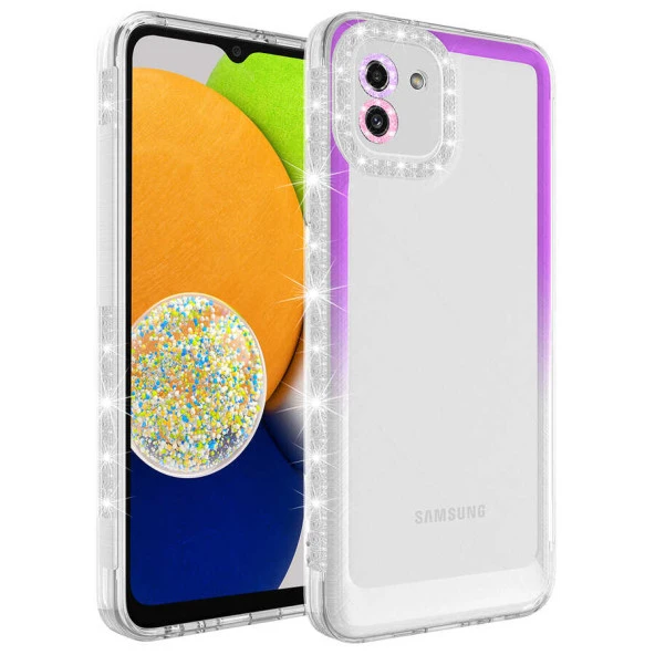 Samsung Galaxy A03 Kılıf Simli Renkli Parlak Kamera Lens Korumalı Transparan Kapak (Park)