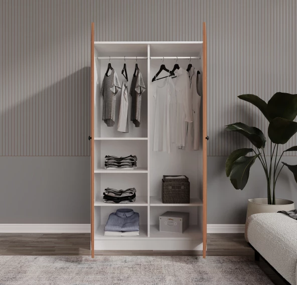 MERLİN MOBİLYA ESEN 2 KAPILI 6 BÖLMELİ BAMBU-BEYAZ ELBİSE DOLABI - 2