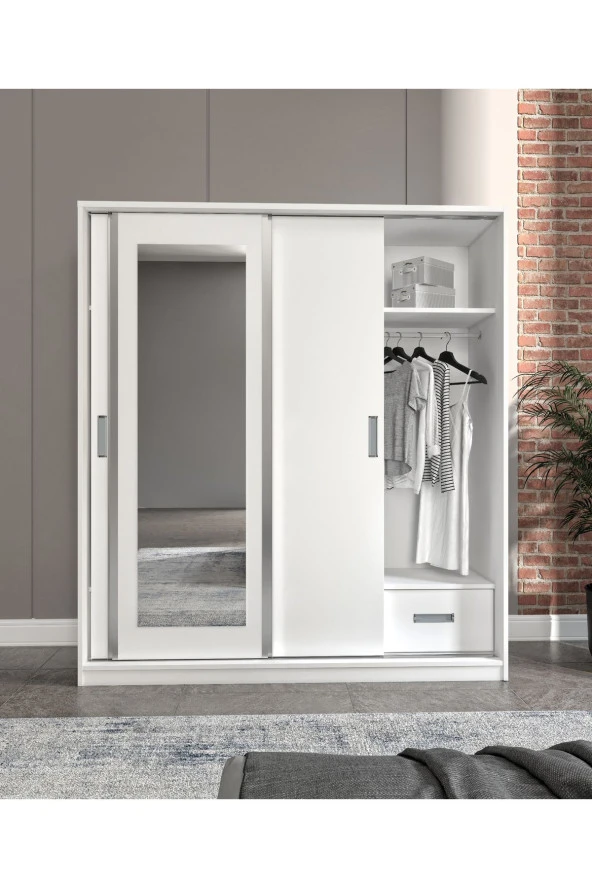 MERLİN MOBİLYA Luna 3 Kapaklı 2 Çekmeceli Aynalı Sürgülü Dolap - 3