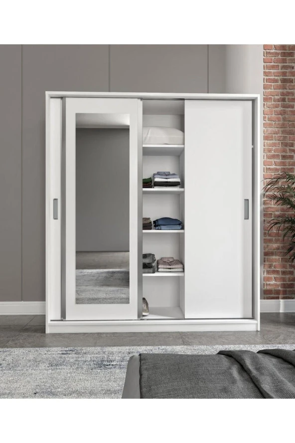 MERLİN MOBİLYA Luna 3 Kapaklı 2 Çekmeceli Aynalı Sürgülü Dolap - 4