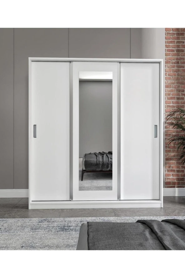 MERLİN MOBİLYA Luna 3 Kapaklı 2 Çekmeceli Aynalı Sürgülü Dolap - 5