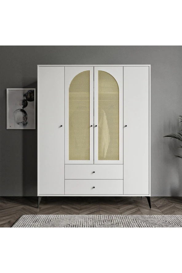 MERLİN MOBİLYA Diamond 4 Kapaklı 2 Çekmeceli Çift Hazeranlı Beyaz Dolap