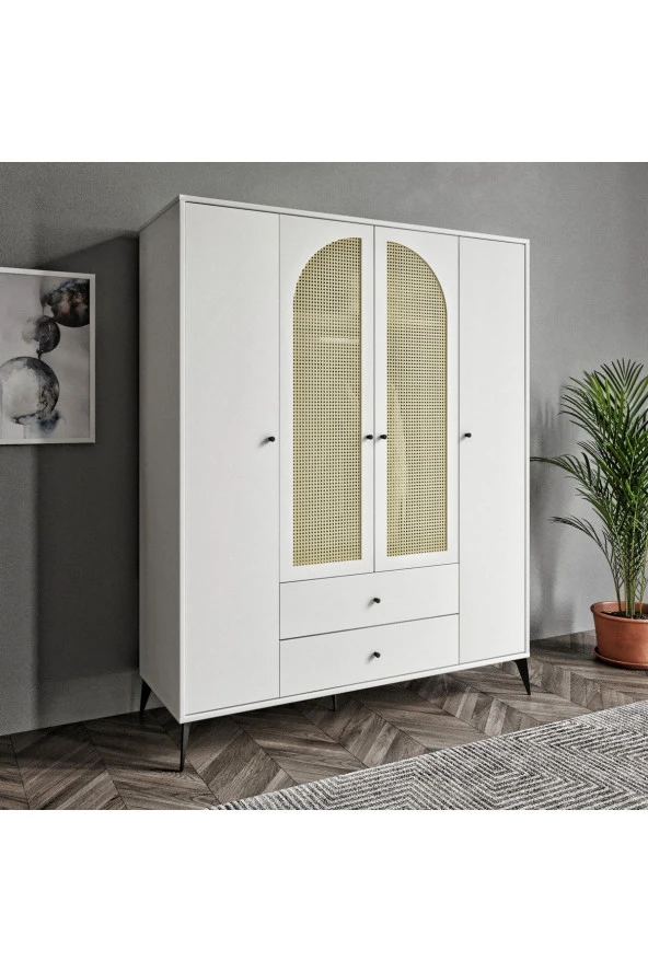 MERLİN MOBİLYA Diamond 4 Kapaklı 2 Çekmeceli Çift Hazeranlı Beyaz Dolap - 2