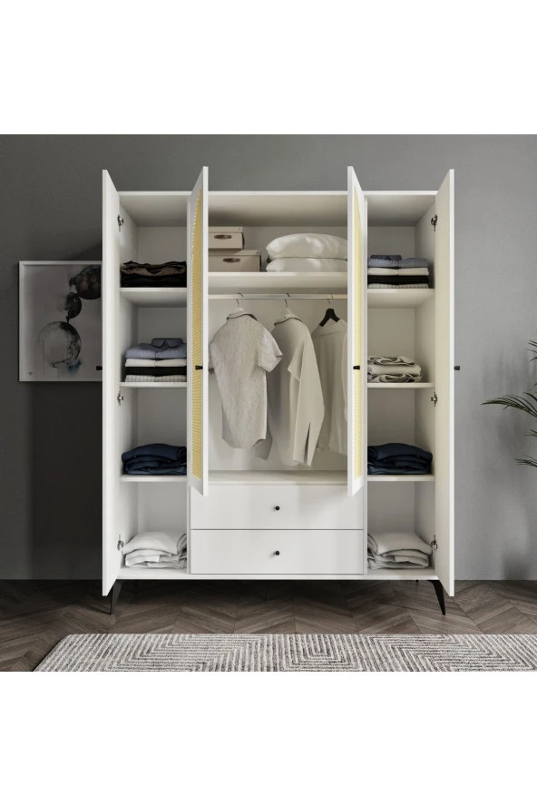 MERLİN MOBİLYA Diamond 4 Kapaklı 2 Çekmeceli Çift Hazeranlı Beyaz Dolap - 3