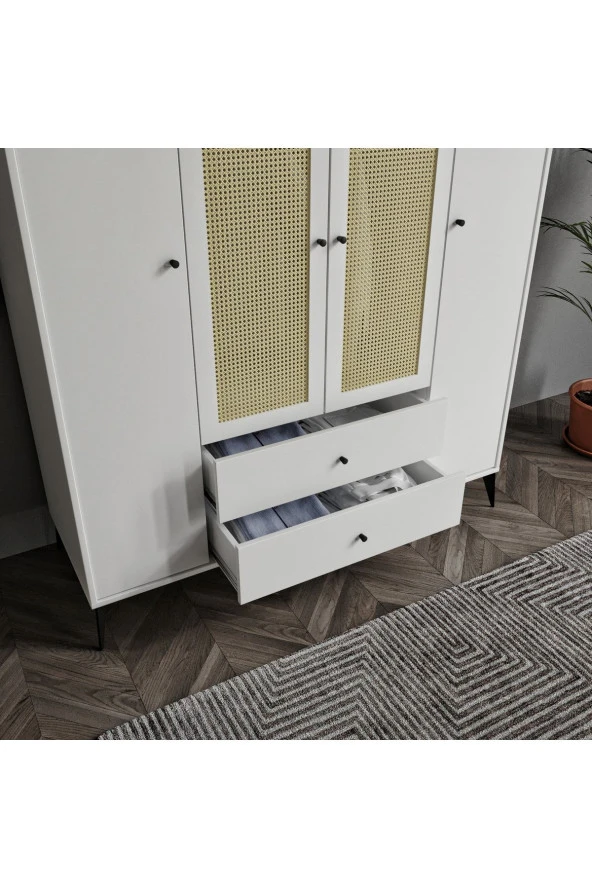 MERLİN MOBİLYA Diamond 4 Kapaklı 2 Çekmeceli Çift Hazeranlı Beyaz Dolap - 4