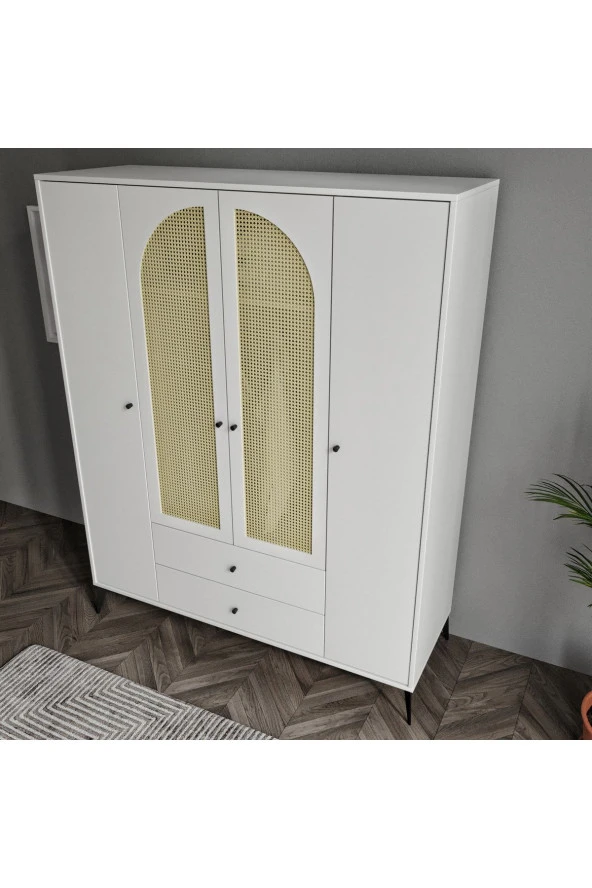 MERLİN MOBİLYA Diamond 4 Kapaklı 2 Çekmeceli Çift Hazeranlı Beyaz Dolap - 5