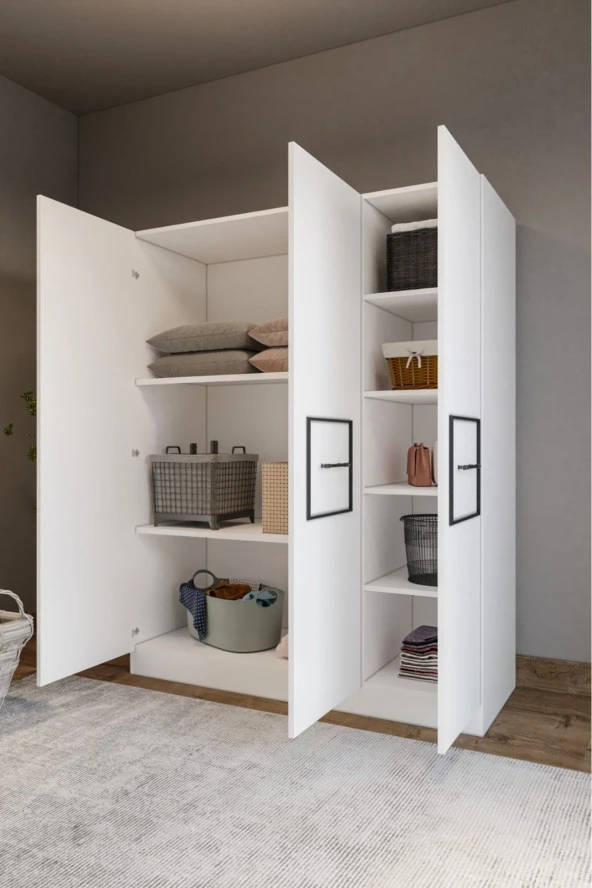 MERLİN MOBİLYA Zarif 3 Kapaklı 8 Bölmeli Siyah Şeritli Beyaz Yüklük-dolap - 6