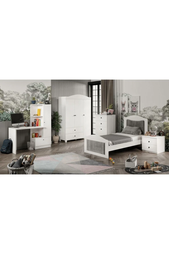 MERLİN MOBİLYA Torino Beyaz-Antrasit Detaylı Genç Odası Takımı , Çalışma Masası ve Kitaplık
