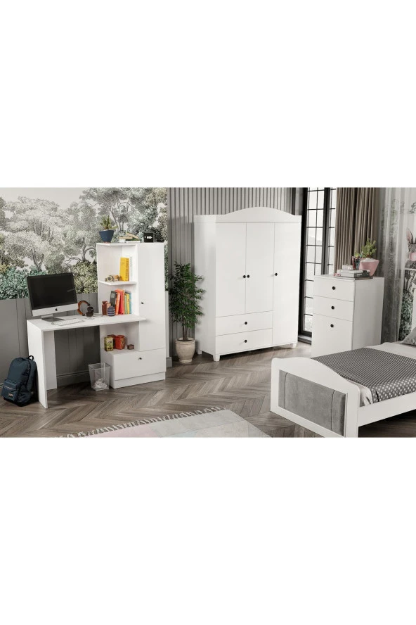 MERLİN MOBİLYA Torino Beyaz-Antrasit Detaylı Genç Odası Takımı , Çalışma Masası ve Kitaplık - 2