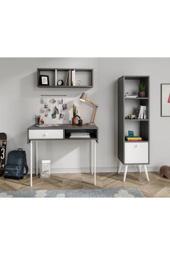 MERLİN MOBİLYA Major Antrasit Duvara Monte Çalışma Masası, Üst Modül Ve Kitaplık